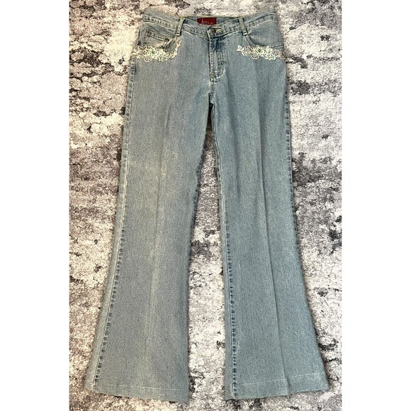 Azita Jeans Denim - Azita Blue Light Wash Flower Beaded Pocket Flare Leg Jeans Size 30